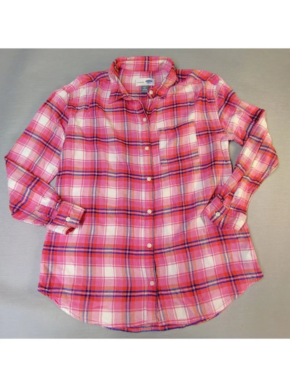 Old Navy Boyfriend Plaid Flannel Shirt Pink White Long Sleeve Girls Size XL (14)